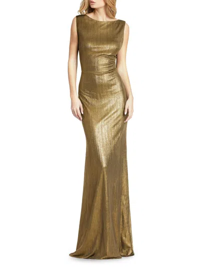 Mac Duggal Metallic High Neck Cowl Open Back Column Gown In Gold