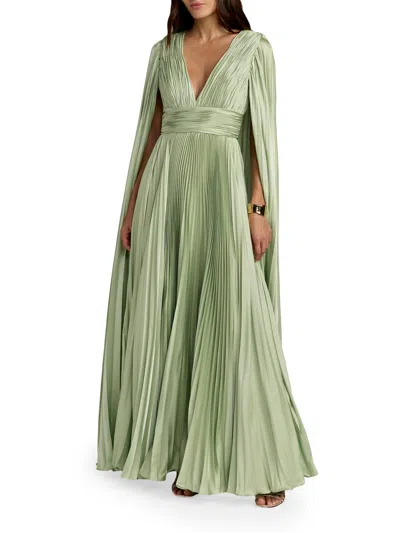 Mac Duggal Women's Metallic Pleated Charmeuse Cape Gown In Sage