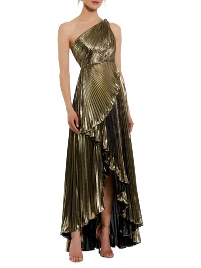 Mac Duggal Metallic Pleated Ruffle Hem One Shoulder High Low Gown In Green