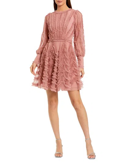 Mac Duggal Ruffle Lace Up Back Long Sleeve Mini Dress In Pink