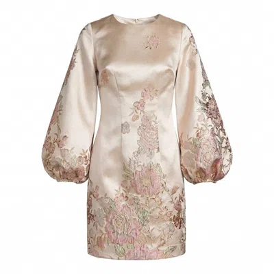 Mac Duggal Brocade High Neck Long Bishop Sleeve Mini Dress In Neutral