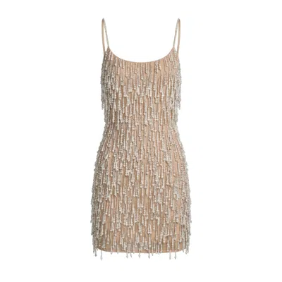 Mac Duggal Beaded Fringe Mini Dress With Spaghetti Straps In Neutral
