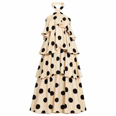 Mac Duggal Tiered Ruffle Polka Dot Charmeuse Gown In Cream Black In Neutral