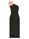 Mac Duggal Women's One-shoulder Floral Appliqué Midi-dress In Black