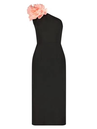 Mac Duggal Women's One-shoulder Floral Appliqué Midi-dress In Black