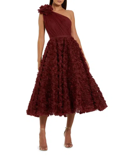 Mac Duggal One Shoulder Rosette A Line Midi Dress With 3d Flower In Burgundy