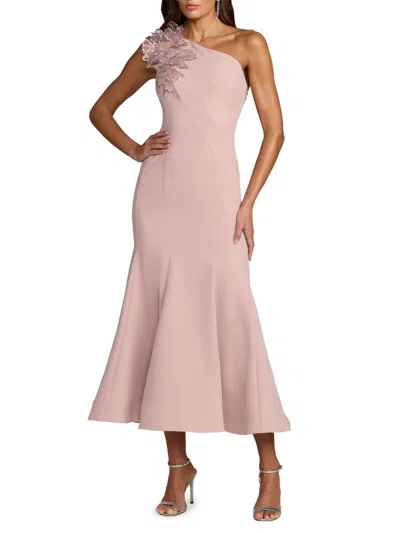 Mac Duggal One-shoulder Neckline Crepe Trumpet Midi-dress In Pink