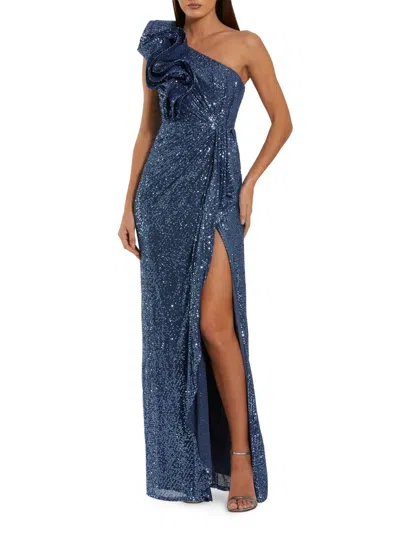 Mac Duggal One Shoulder Sequin Column Dress With Ruffle In Blue