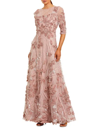 Mac Duggal Petite 3/4 Sleeve High Neck Embroidered A Line Gown In Pink