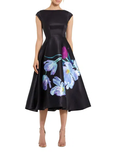 Mac Duggal Petite Satin Cap Sleeve Midi Dress With Floral Print In Multi