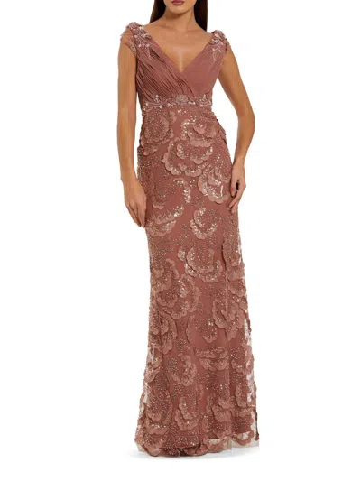 Mac Duggal Women's Petite Floral-appliqué Embellished Chiffon Column Gown In Brown