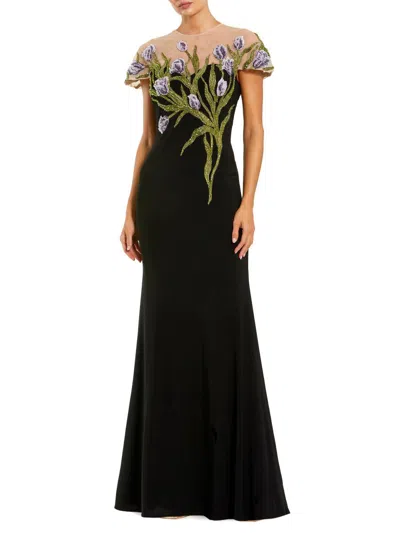 Mac Duggal Petite Jersey Floral Embroidered Illusion Neck Gown In Black