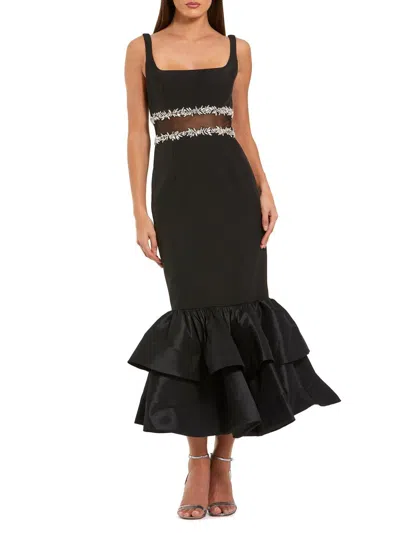 Mac Duggal Petite Satin Gown With Pearl Neckline And Bow Detail In Black