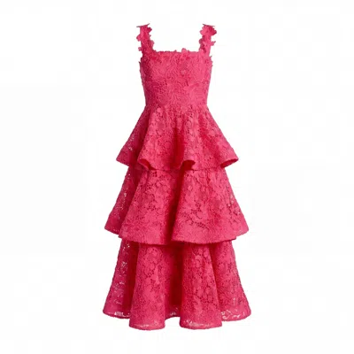 Mac Duggal Sleeveless Embroidered Lace Ruffle Midi Dress In Pink