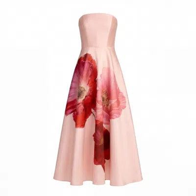 Mac Duggal Strapless A Line Midi Dress With Flower Print In Pink