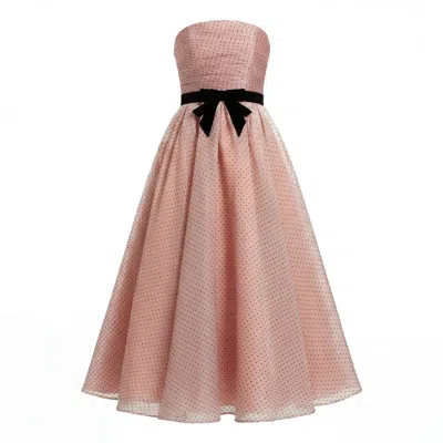 Mac Duggal Polka Dot Organza Strapless Bow Detail Ankle Dress In Pink