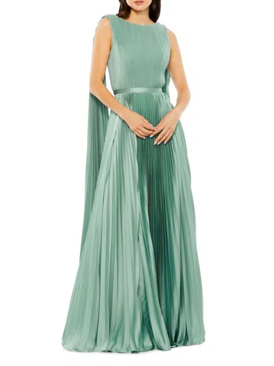 Mac Duggal Sleeveless High Neck Cape Back Heat Pleated Gown In Sage