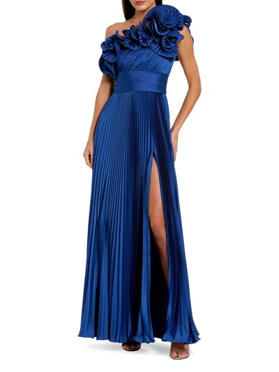 Mac Duggal Pleated Charmeuse One Shoulder Ruffle Gown In Blue
