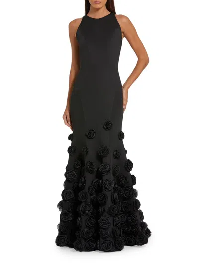 Mac Duggal Crepe Mermaid Gown With 3d Floral Hem In Black