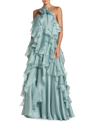 Mac Duggal Organza Halter Neck Open Back Ruffle Gown In Green