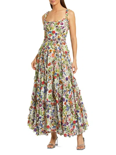 Mac Duggal Ruffle Floral Sweetheart Neck Gown In White Multi