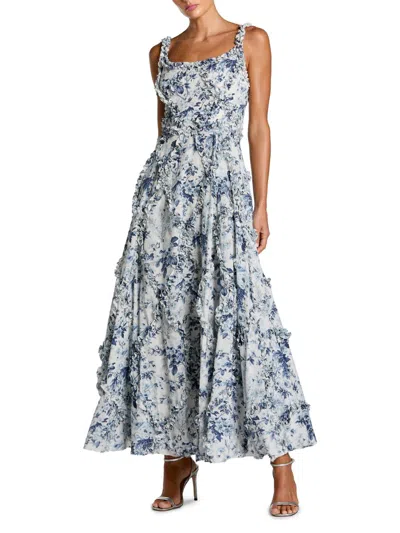 Mac Duggal Ruffle Scoop Neck Floral A-line Dress In Blue