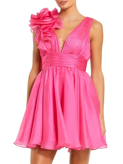 Mac Duggal Ruffle V Neck Fit & Flare Mini Dress In Hot Pink