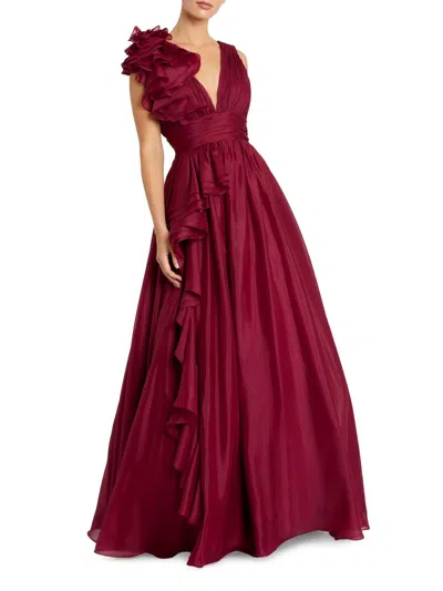 Mac Duggal Ruffle Shoulder V-neck Chiffon Gown In Brown