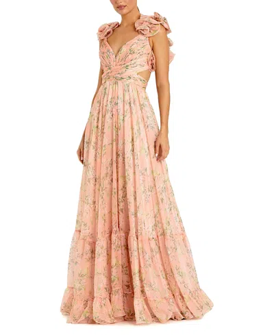 Mac Duggal Ruffle Tiered Floral Cut-out Chiffon Gown In Pink Multi