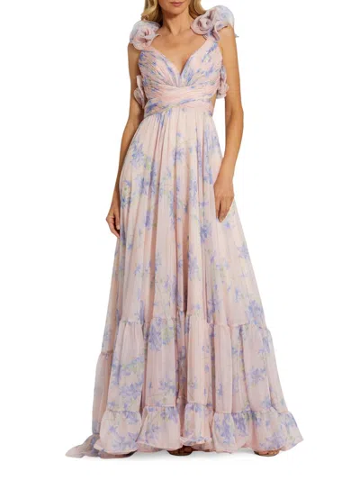 Mac Duggal Light Pink Ruffle Tiered Cut-out Chiffon Floral Gown In Multi
