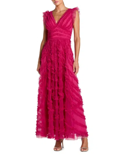 Mac Duggal Women's Ruffled Mesh Midi-dress In Pink