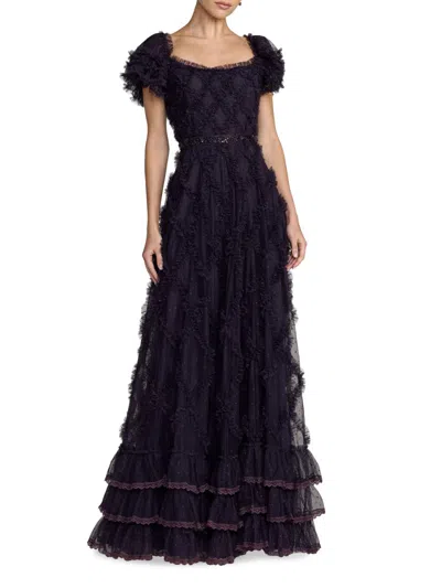 Mac Duggal Women's Ruffled Mesh Short-sleeve Gown In Midnight