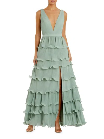 Mac Duggal Women's Ruffled V-neck Tiered Maxi Dress In Green