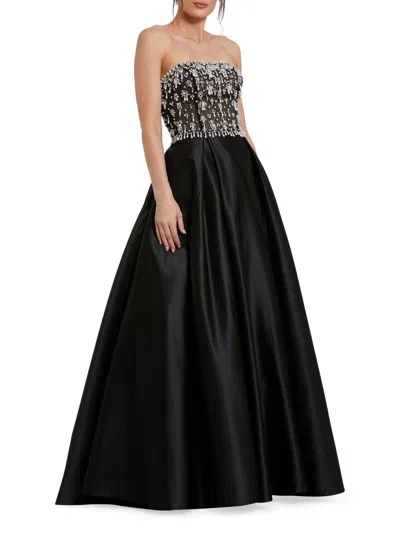 Mac Duggal Strapless Beaded Embellished Top Satin Ballgown In Black Ivory
