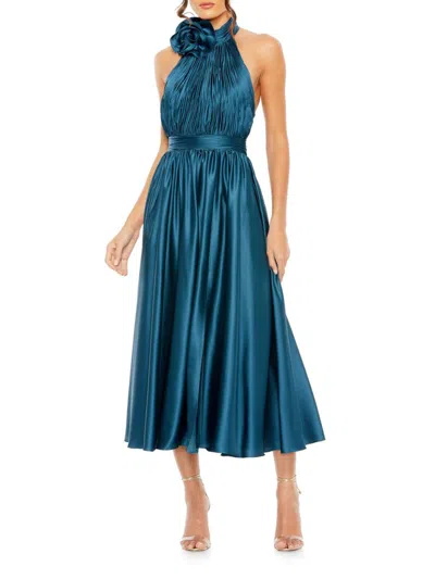 Mac Duggal Pleated Charmeuse High Neck Sleeveless Midi Dress In Ocean