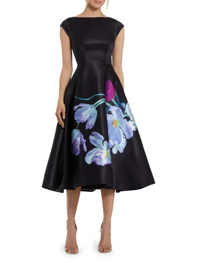 Mac Duggal Satin Cap Sleeve Midi Dress With Floral Print In Black Multi