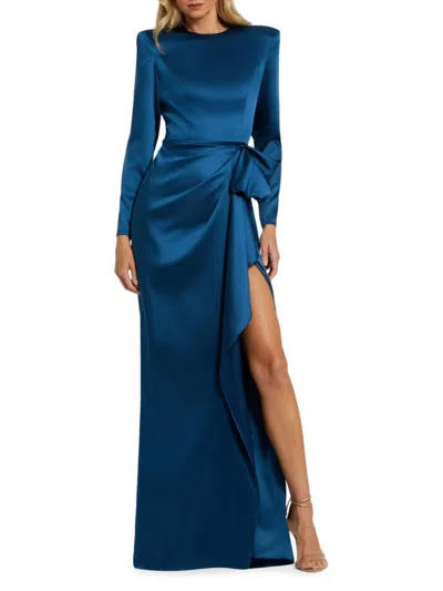 Mac Duggal Long Sleeve Structured Bow Draped Gown In Ocean Blue