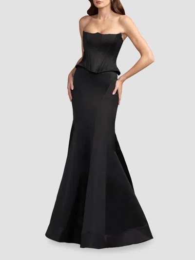 Mac Duggal Strapless Satin Corset Peplum Gown In Black