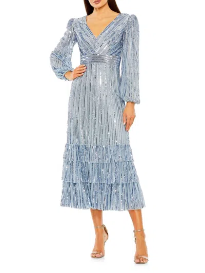 Mac Duggal Women's Sequin Blouson-sleeve Ruffled Midi-dress In Slate Blue