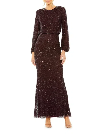 Mac Duggal Women's Sequined Blouson Column Gown In Burgundy