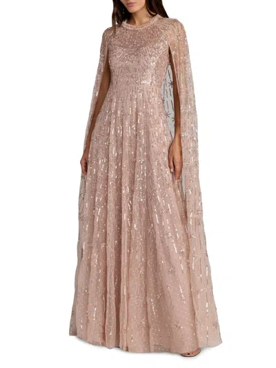 Mac Duggal Embellished Mesh Column Gown With Cape Sleeves In Pink