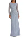 Mac Duggal High Neck Sequin Embellished Long Sleeve A Line Gown In Blue