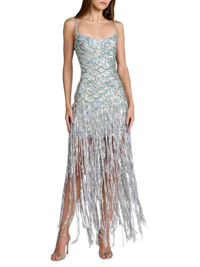 Mac Duggal Women's Sequined Fringe Mesh Gown In Blue