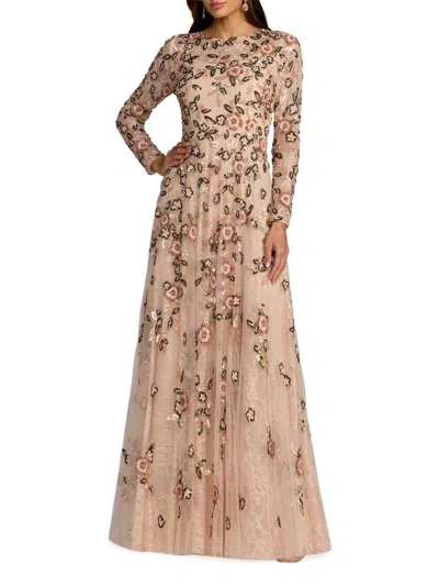 Mac Duggal Embellished Lace Floral Long Sleeve A-line Gown In Neutral