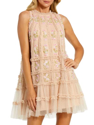 Mac Duggal Floral Appliqué Tiered Cocktail Minidress In Beige Multi