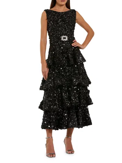 Mac Duggal 27733 Beaded A Line Sequin Ruffle Midi Length Dress In Black