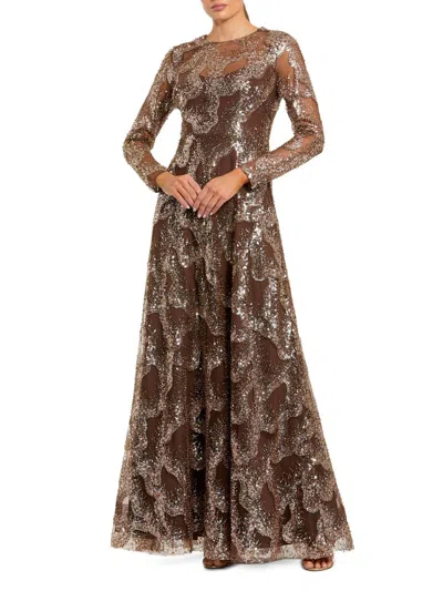 Mac Duggal Embellished Mesh Long Sleeve High Neck Gown In Brown