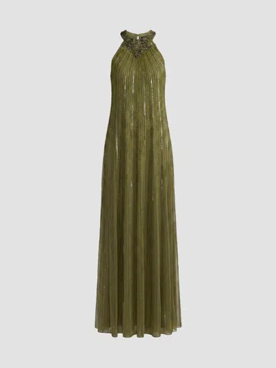 Mac Duggal Sleeveless Halter Neck Embellished Trapeze Gown In Green