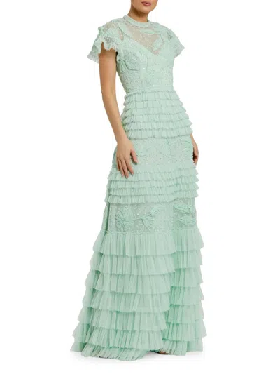 Mac Duggal Beaded Mesh High Neck Micro Ruffle Floral Gown In Sage