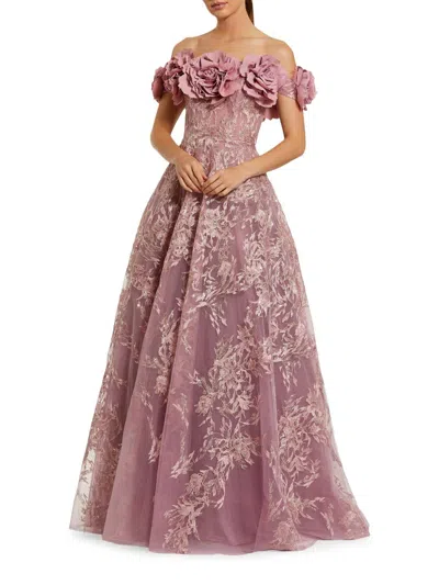 Mac Duggal Embroidered Off The Shoulder Floral A Line Gown In Pink